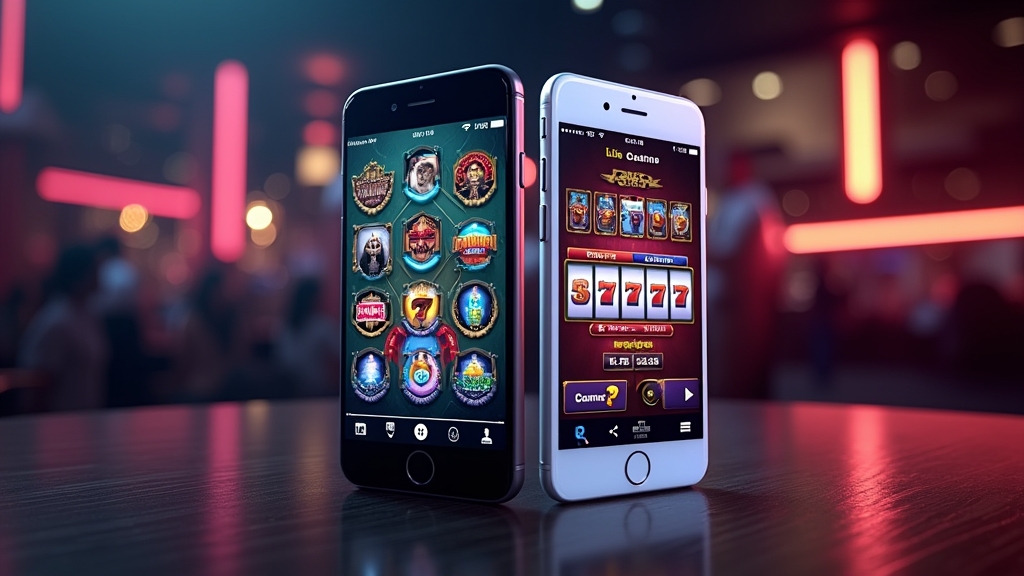 Android and iPhone phones showing a casino app in a dark neon setting