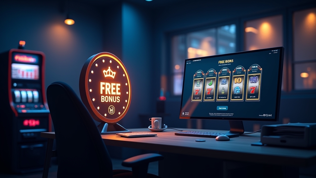 Free bonus token beside a slot machine and account verification screen