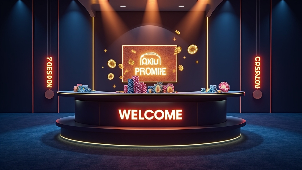 Casino welcome bonus package with chips, free spins, and promo screen